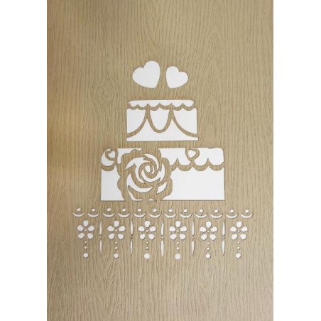 Copertina biglietto intagliata a laser con torta, cuori e decorazioni floreali