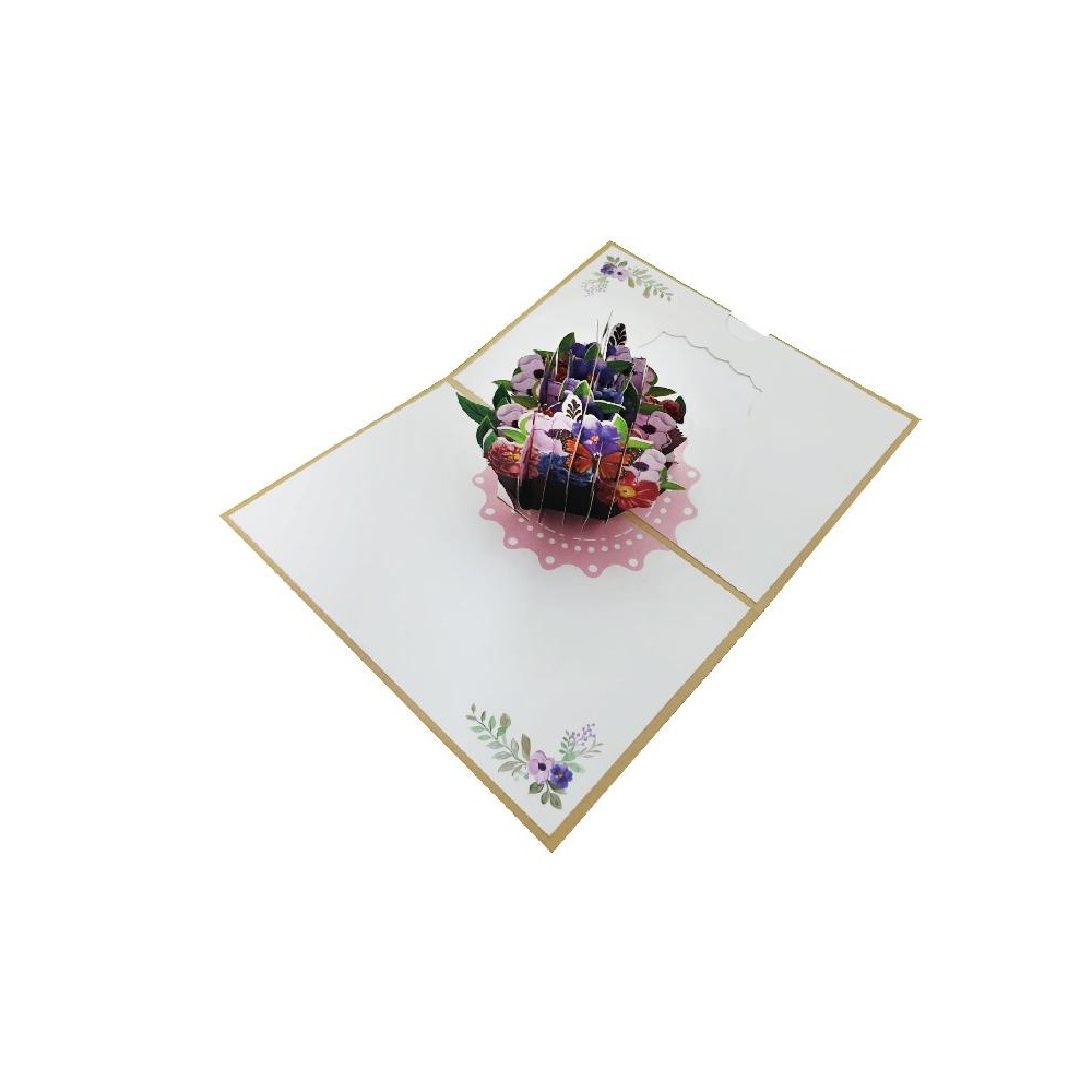 Biglietto Primavera Bouquet multicolore viola rosa pop-up 3D aperto con fiori tridimensionali