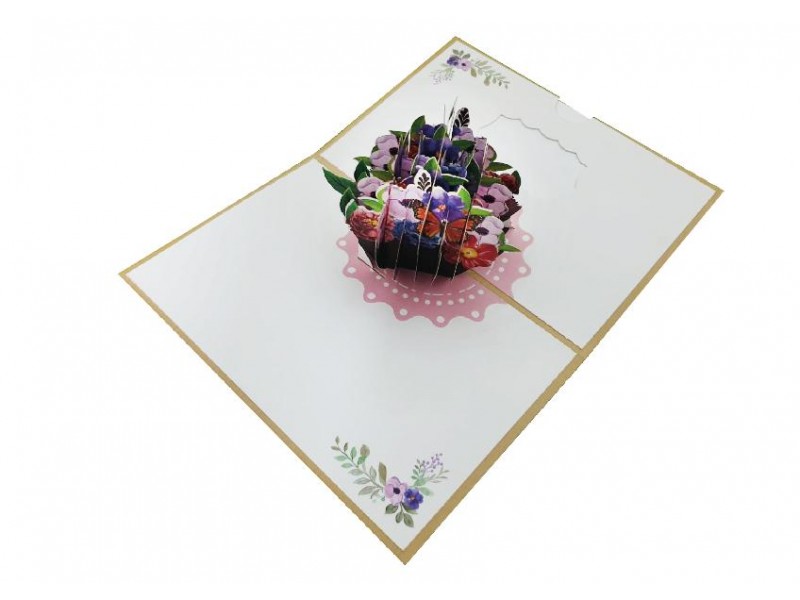 Biglietto Primavera Bouquet multicolore viola rosa pop-up 3D aperto con fiori tridimensionali