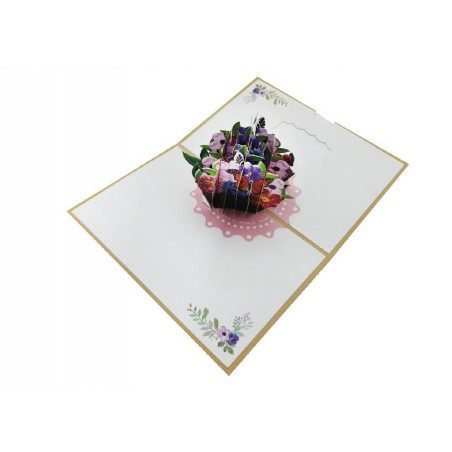 Biglietto Primavera Bouquet multicolore viola rosa pop-up 3D aperto con fiori tridimensionali