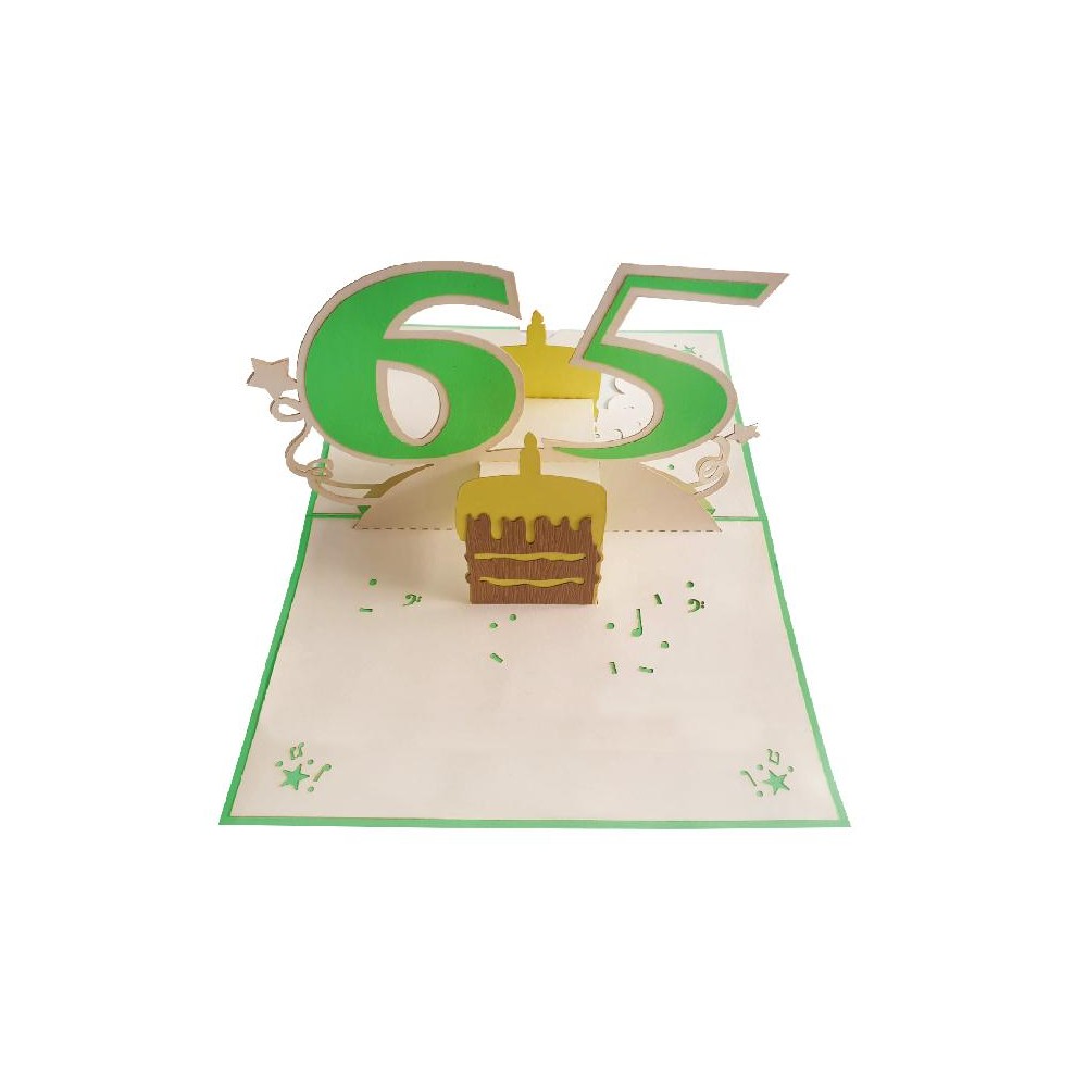 Biglietto 65 anni pop-up aperto con numero dorato e decorazioni floreali tridimensionali