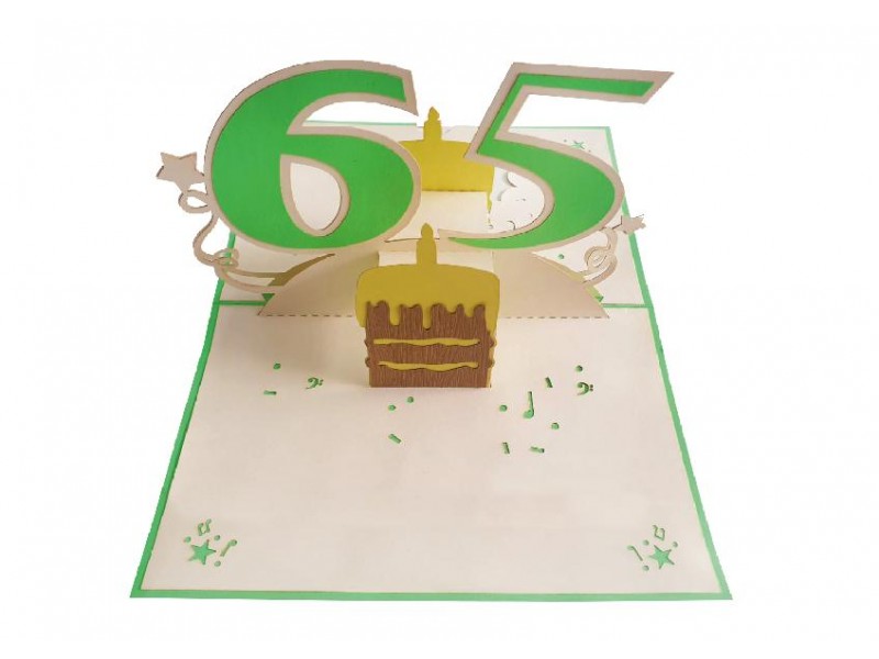 Biglietto 65 anni pop-up aperto con numero dorato e decorazioni floreali tridimensionali