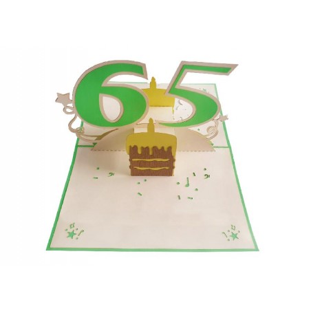 Biglietto 65 anni pop-up aperto con numero dorato e decorazioni floreali tridimensionali