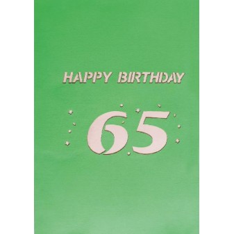 Biglietto 65 anni chiuso con decorazioni dorate su sfondo bianco elegante