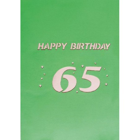 Biglietto 65 anni chiuso con decorazioni dorate su sfondo bianco elegante