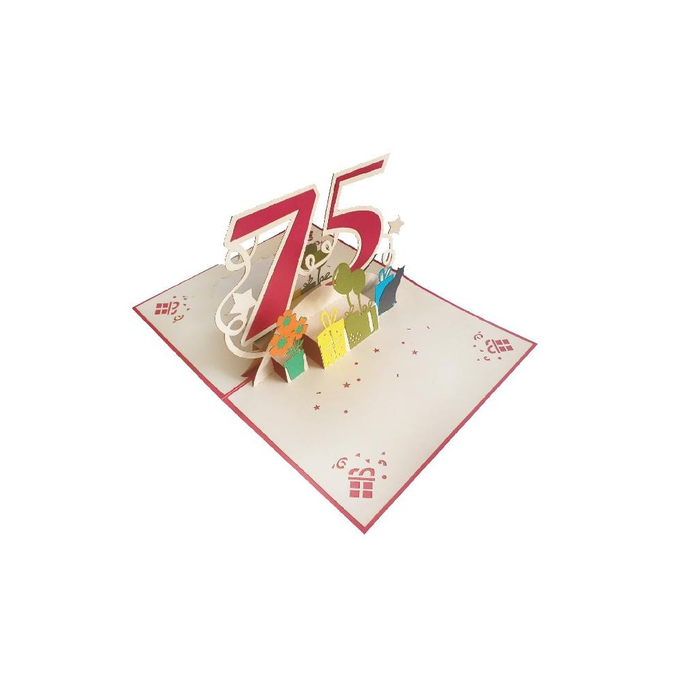 Biglietto compleanno 75 rosso pop-up con regali e decorazioni