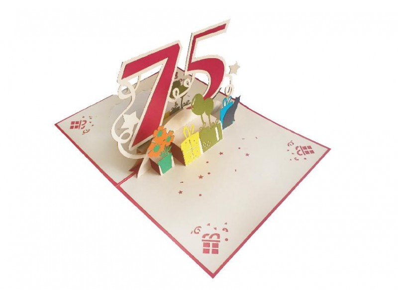 Biglietto compleanno 75 rosso pop-up con regali e decorazioni