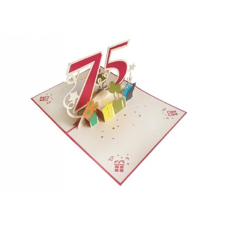 Biglietto compleanno 75 rosso pop-up con regali e decorazioni