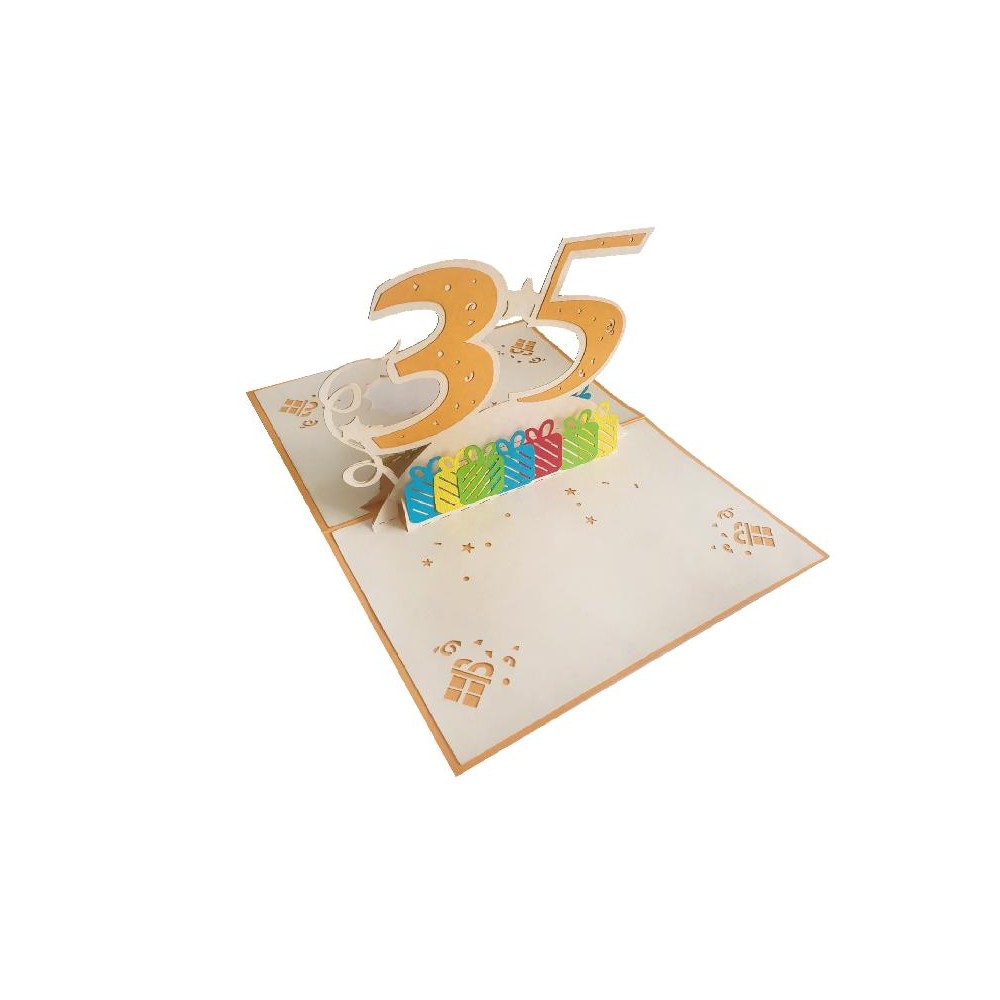 Interno biglietto pop-up 3D 35 Anni con pacchetti regalo colorati