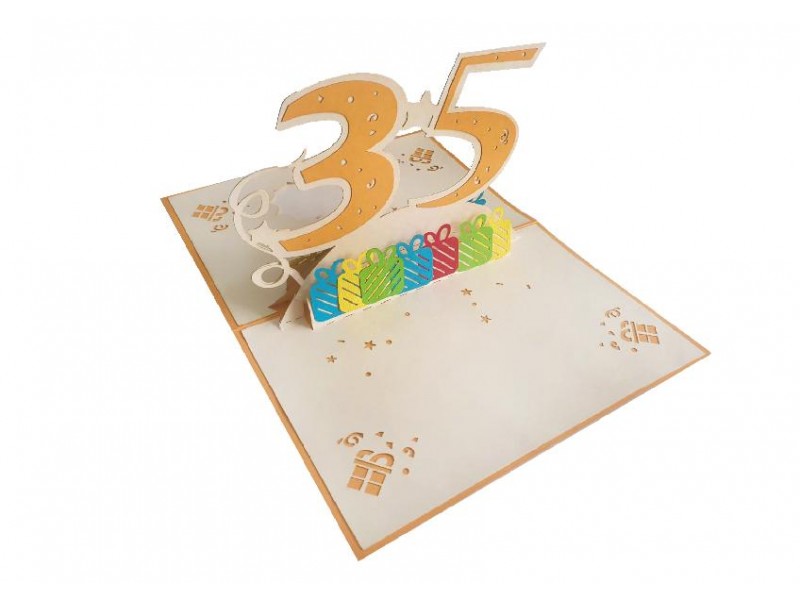 Interno biglietto pop-up 3D 35 Anni con pacchetti regalo colorati