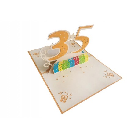 Interno biglietto pop-up 3D 35 Anni con pacchetti regalo colorati