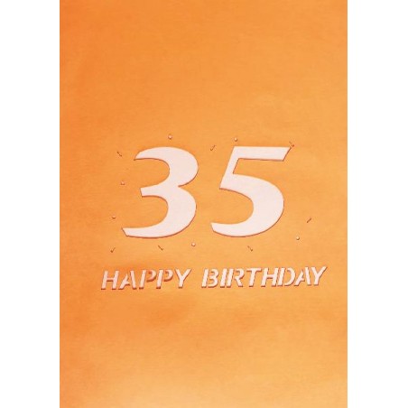 Biglietto Compleanno 35 Anni arancione con scritta Happy Birthday