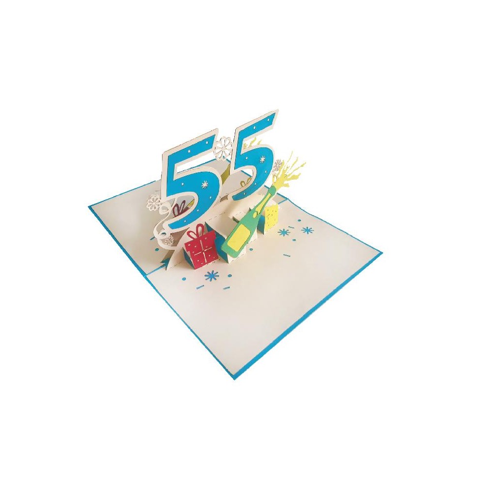 Biglietto compleanno 55 anni azzurro pop-up con bottiglia e regali