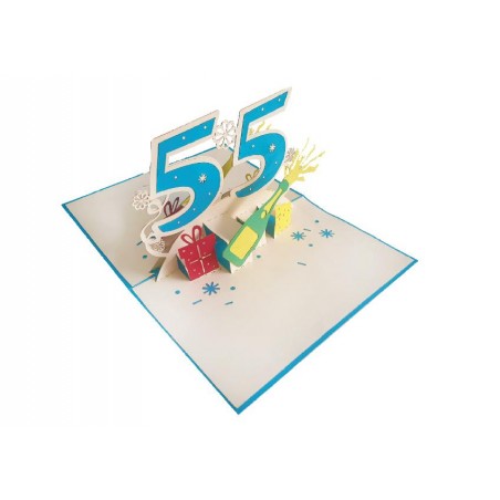 Biglietto compleanno 55 anni azzurro pop-up con bottiglia e regali