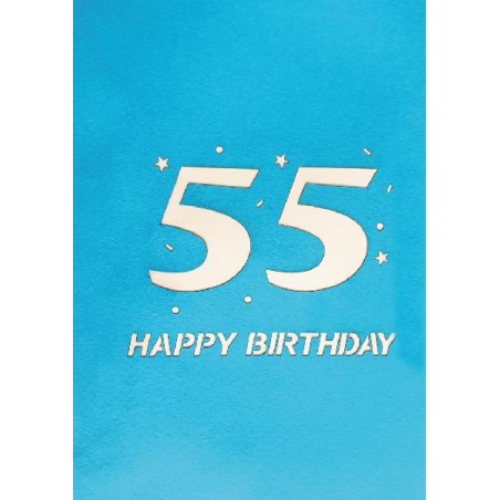 Copertina biglietto 55 anni azzurra con scritta Happy Birthday